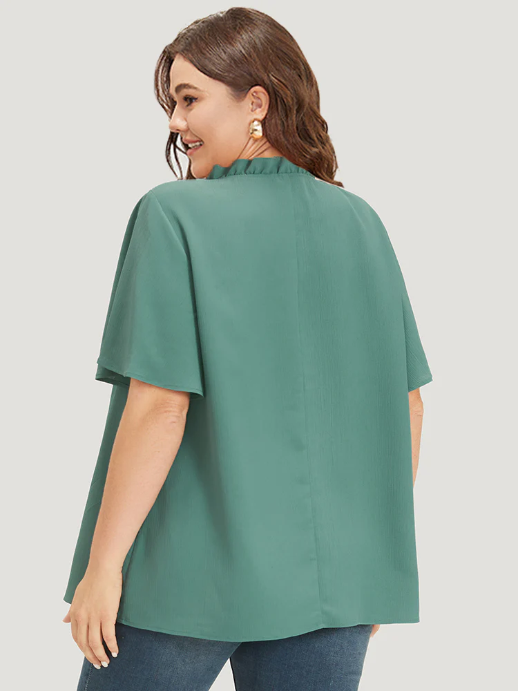Plain Shirred Button Through Frill Trim Stand Collar Blouse - Image 6