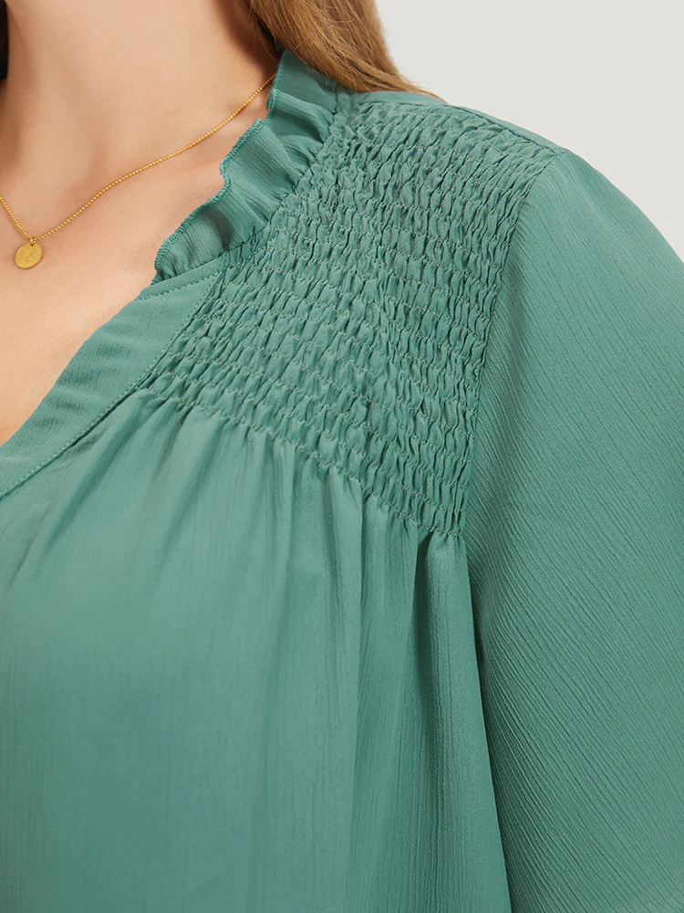 Plain Shirred Button Through Frill Trim Stand Collar Blouse - Image 8