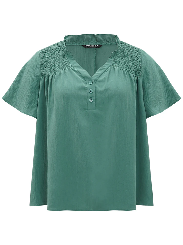 Plain Shirred Button Through Frill Trim Stand Collar Blouse - Image 9