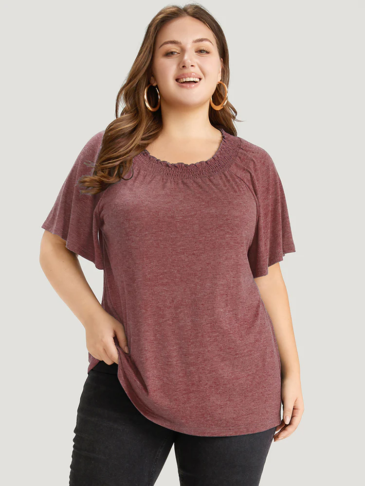 Plain Shirred Crew Neck Flutter Sleeve T-shirt