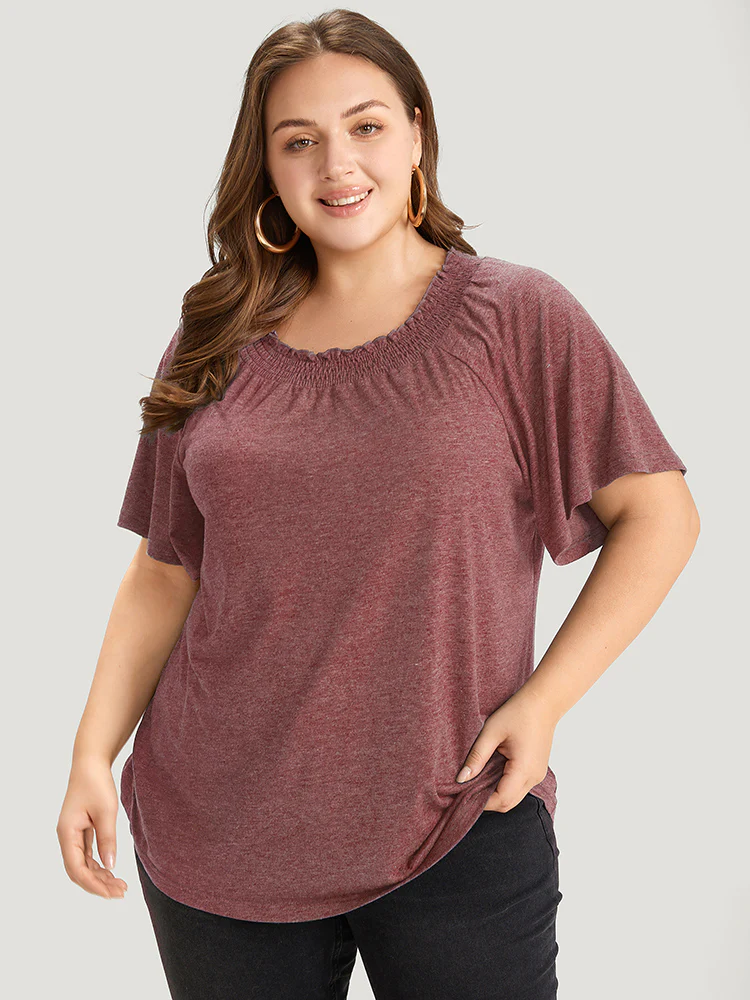 Plain Shirred Crew Neck Flutter Sleeve T-shirt - Image 2