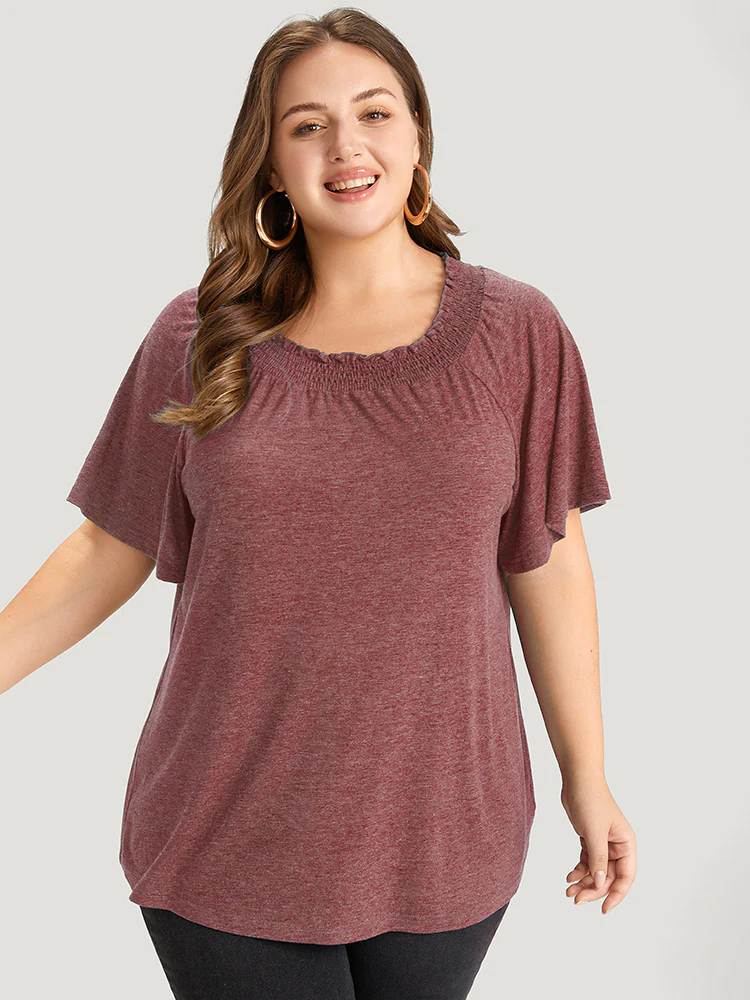 Plain Shirred Crew Neck Flutter Sleeve T-shirt - Image 3
