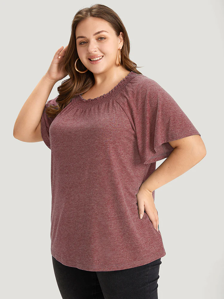Plain Shirred Crew Neck Flutter Sleeve T-shirt - Image 4