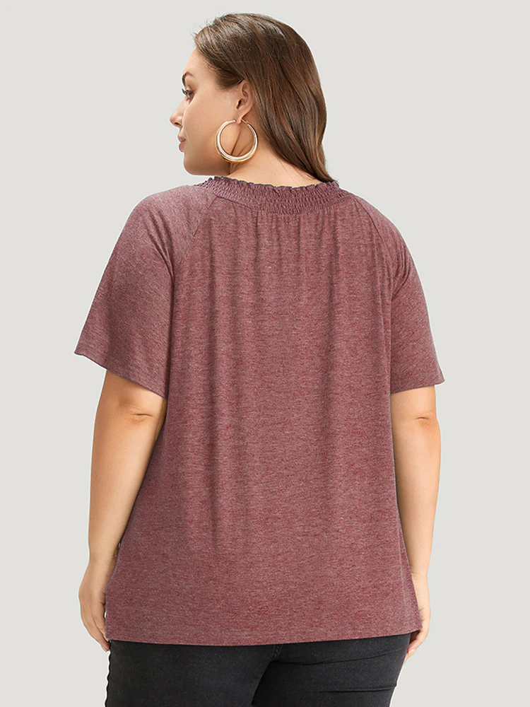 Plain Shirred Crew Neck Flutter Sleeve T-shirt - Image 5