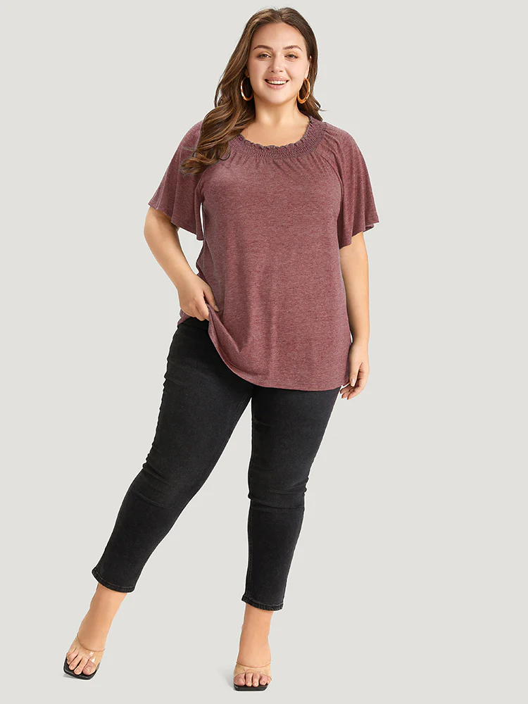 Plain Shirred Crew Neck Flutter Sleeve T-shirt - Image 6