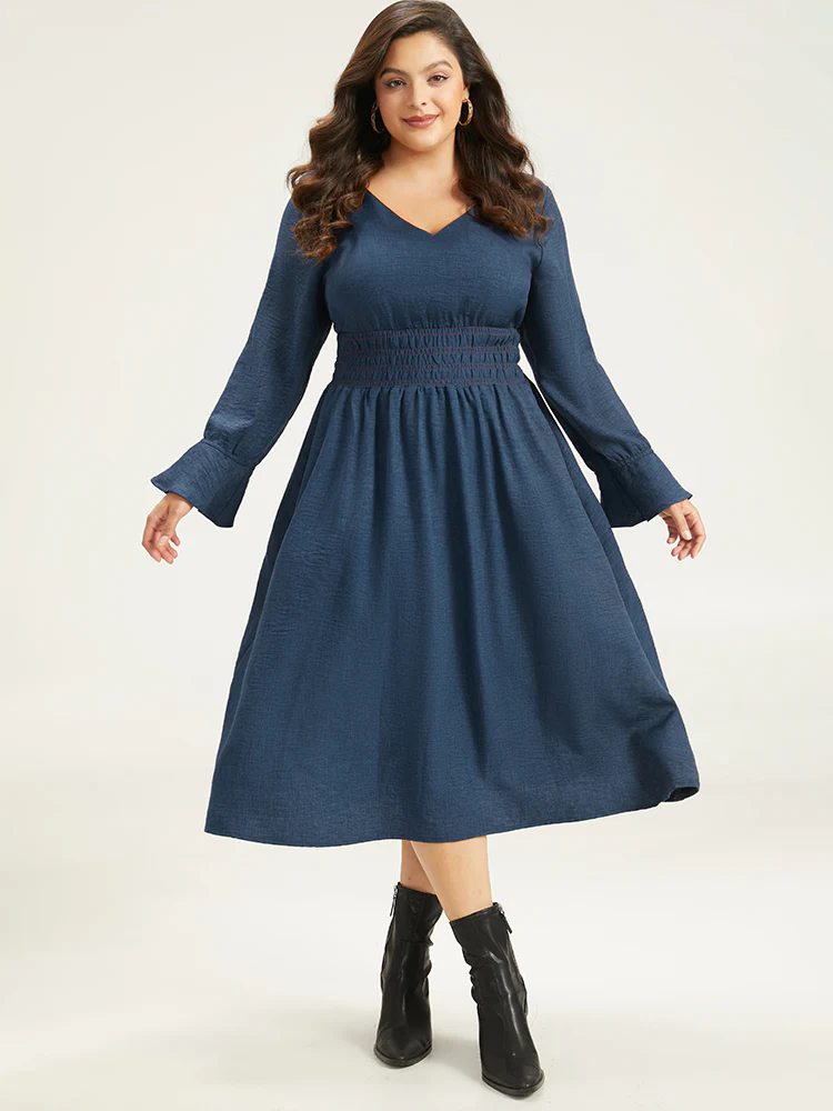 Plain Shirred Patchwork Gathered Dress - Image 2