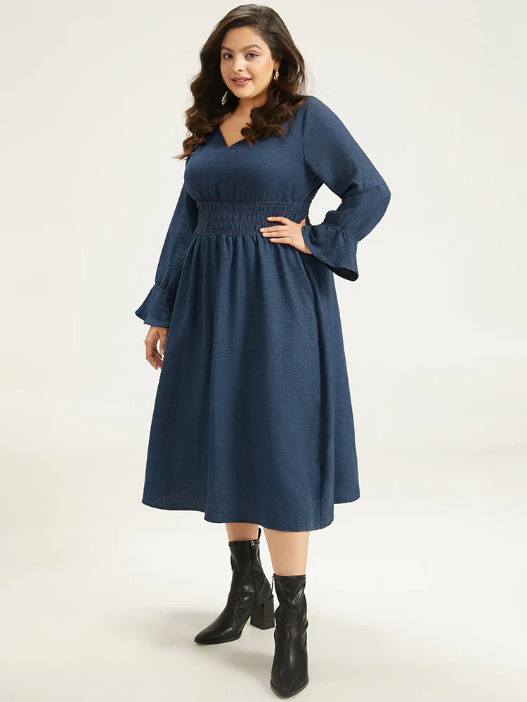 Plain Shirred Patchwork Gathered Dress - Image 3