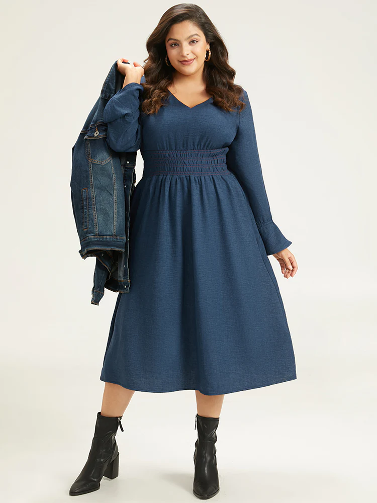 Plain Shirred Patchwork Gathered Dress - Image 4