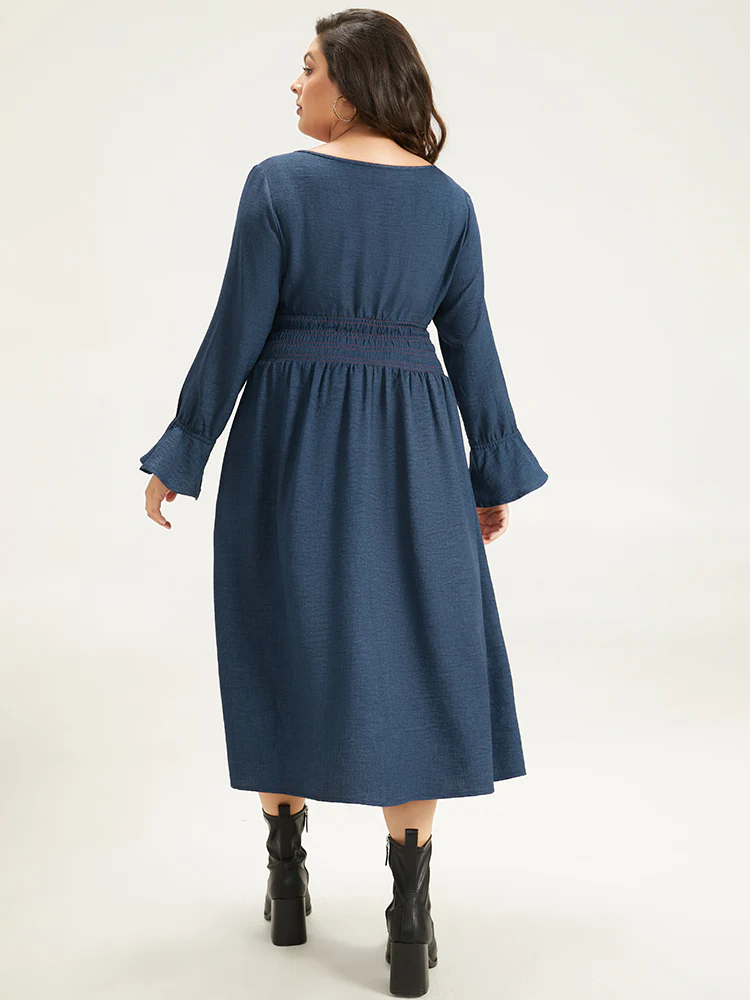 Plain Shirred Patchwork Gathered Dress - Image 5