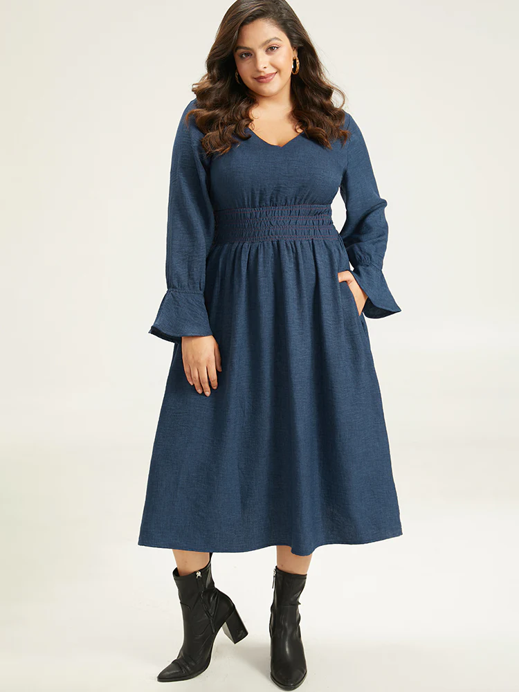 Plain Shirred Patchwork Gathered Dress - Image 6