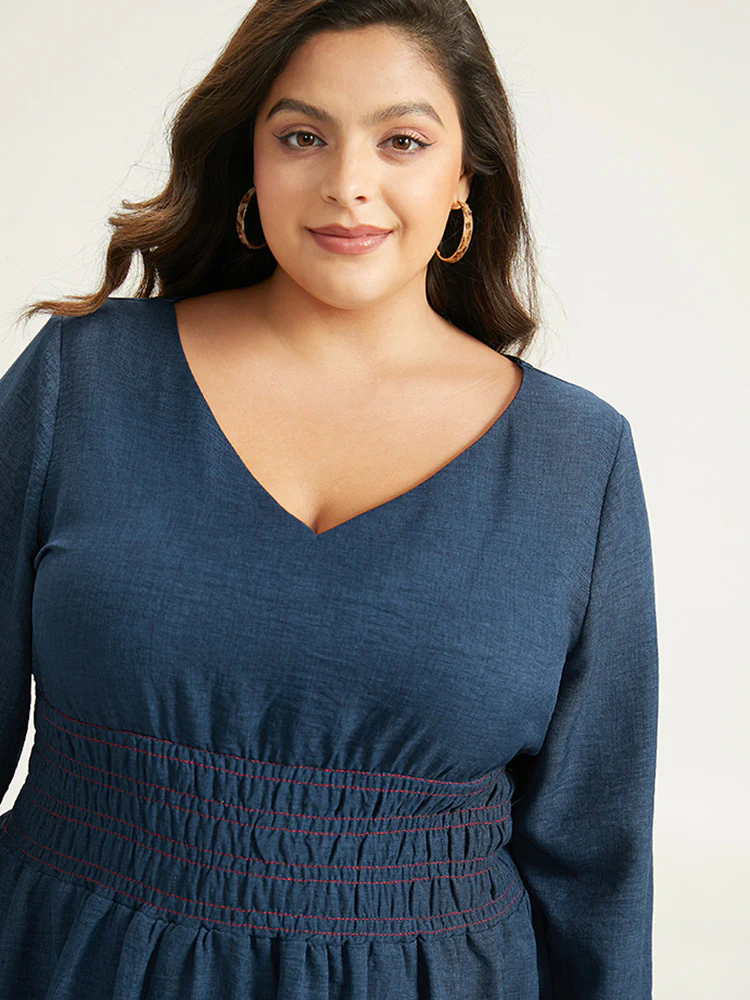 Plain Shirred Patchwork Gathered Dress - Image 7