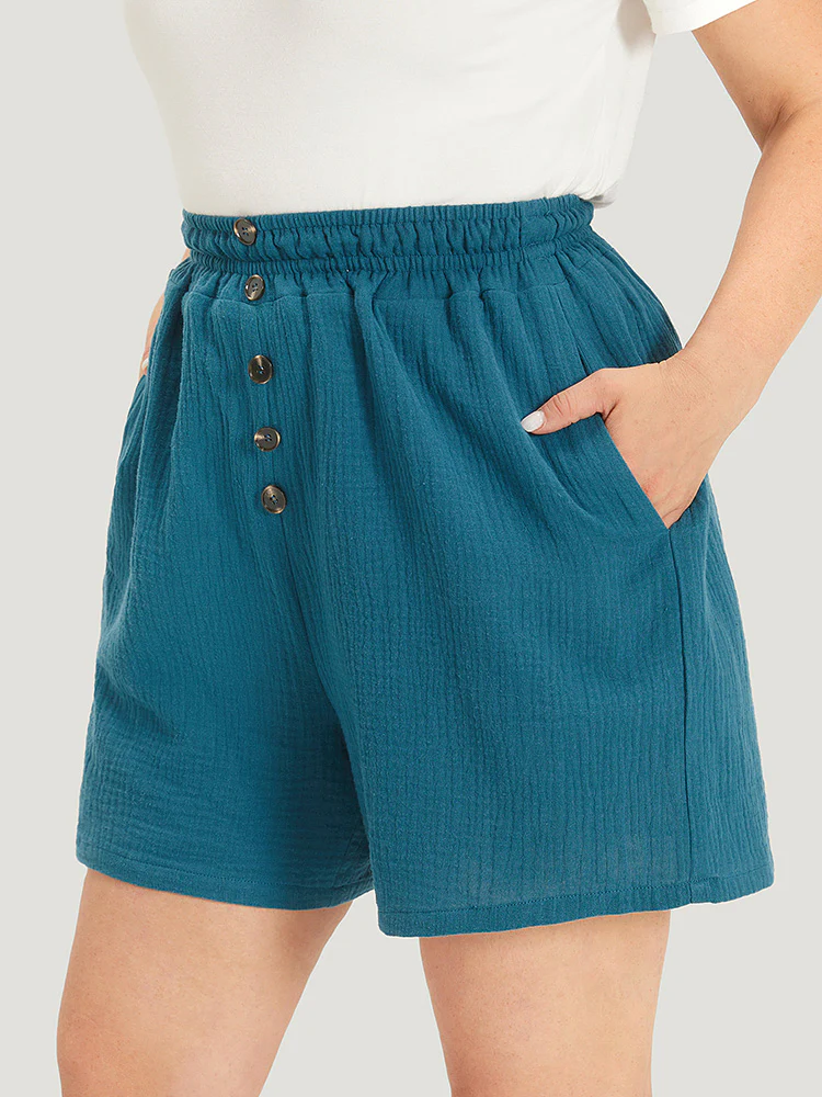Plain Shirred Pocket Button Detail Shorts - Image 2