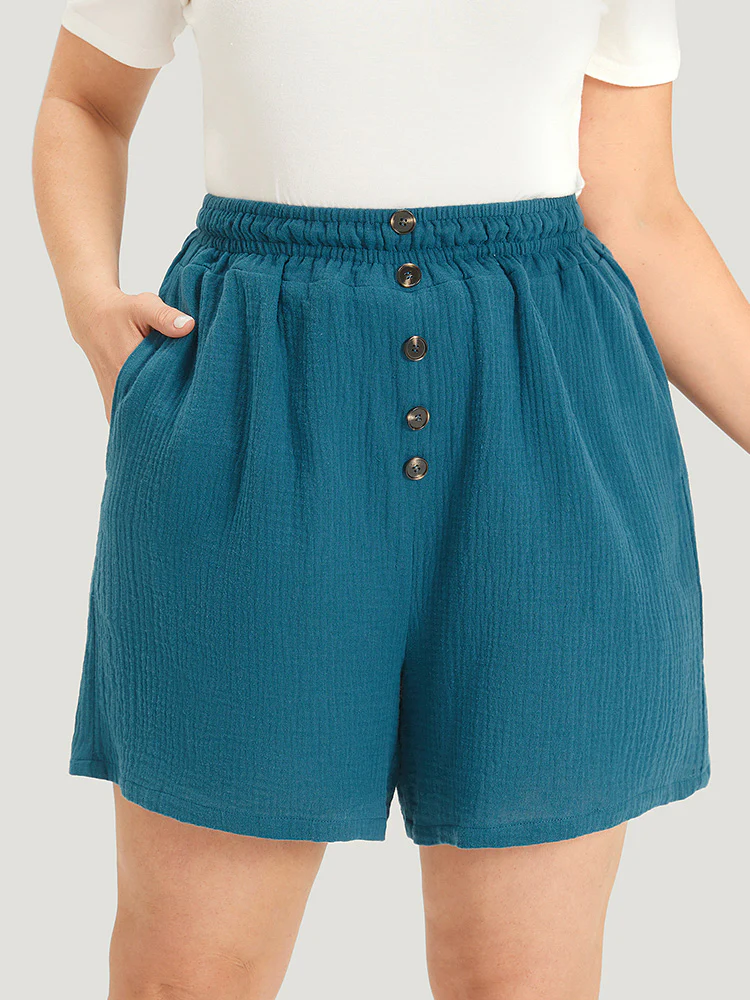 Plain Shirred Pocket Button Detail Shorts - Image 3