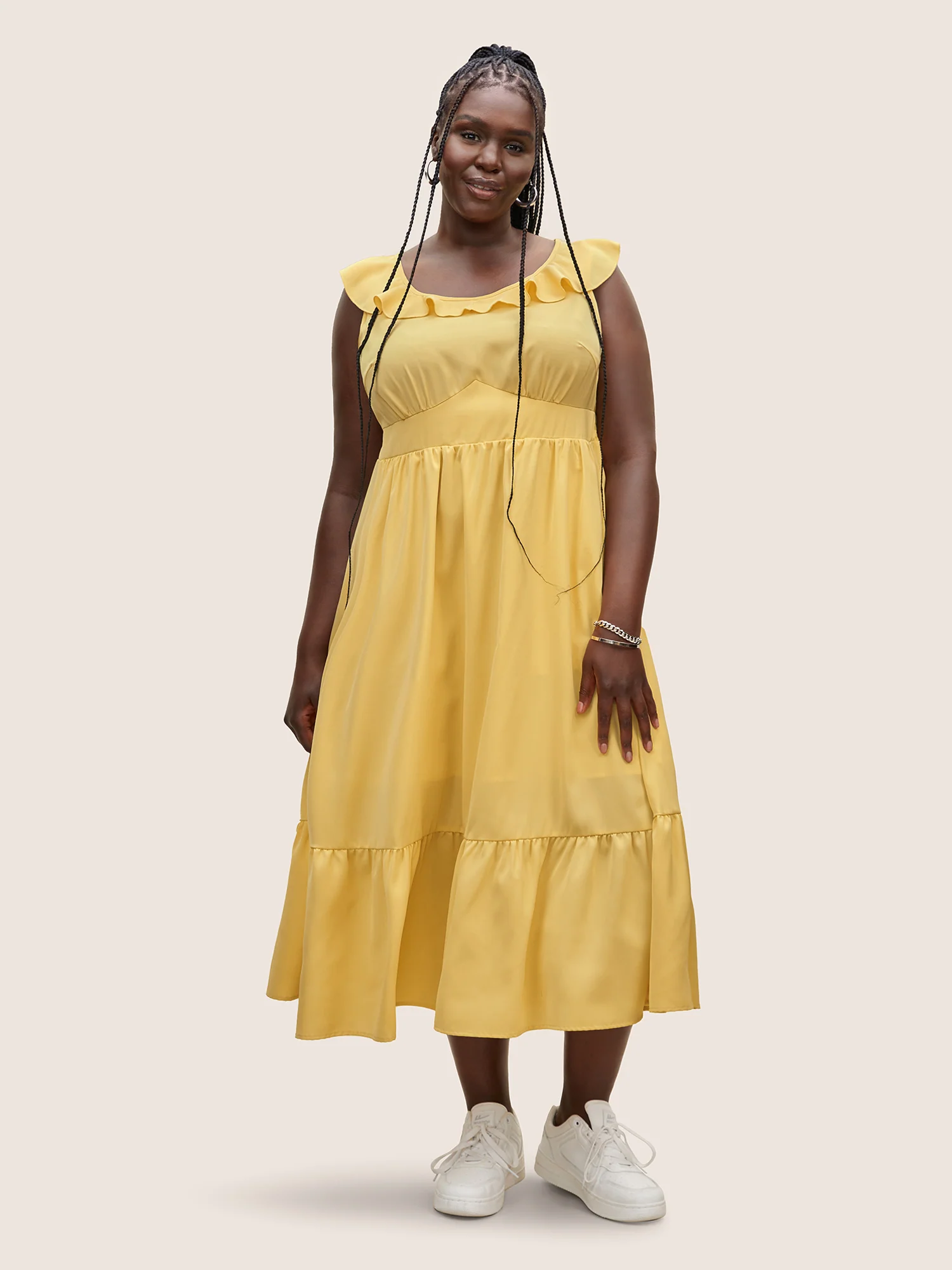 Plain Shirred Ruffle Trim Sleeveless Dress - Image 2