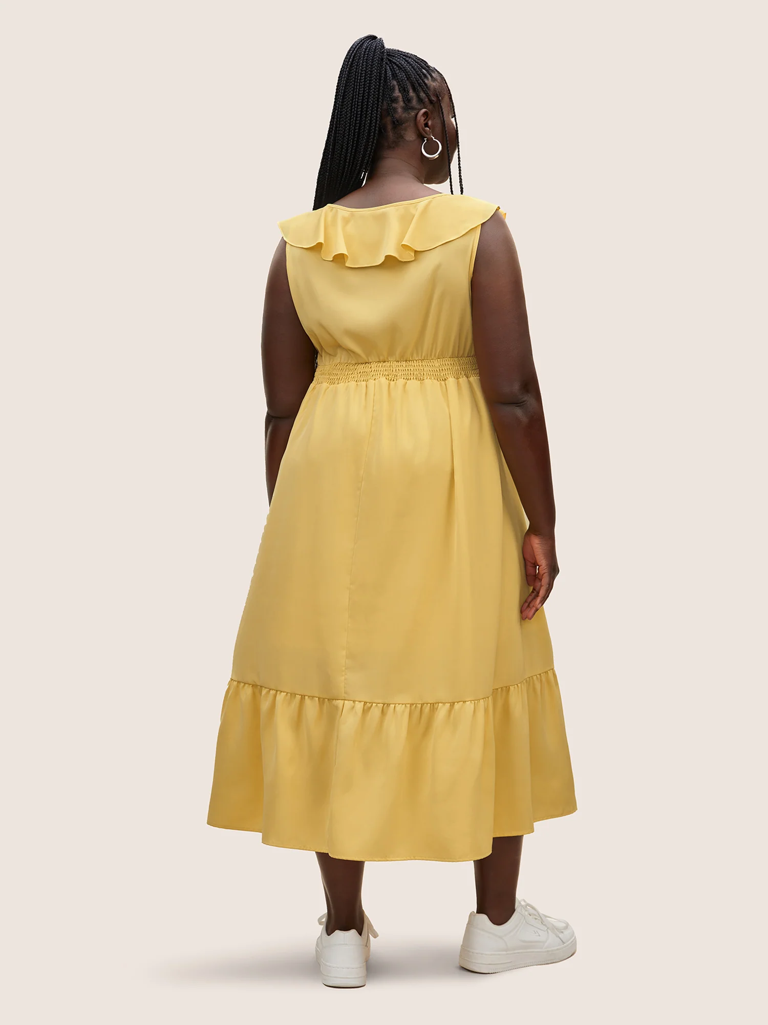 Plain Shirred Ruffle Trim Sleeveless Dress - Image 3