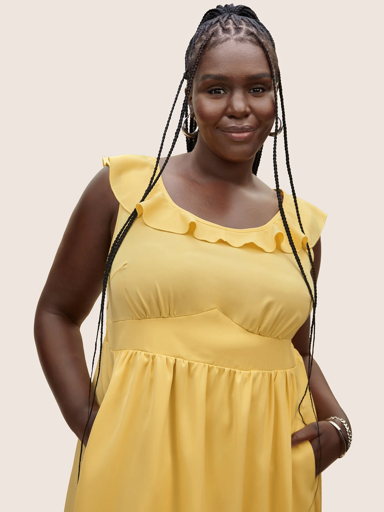 Plain Shirred Ruffle Trim Sleeveless Dress - Image 4