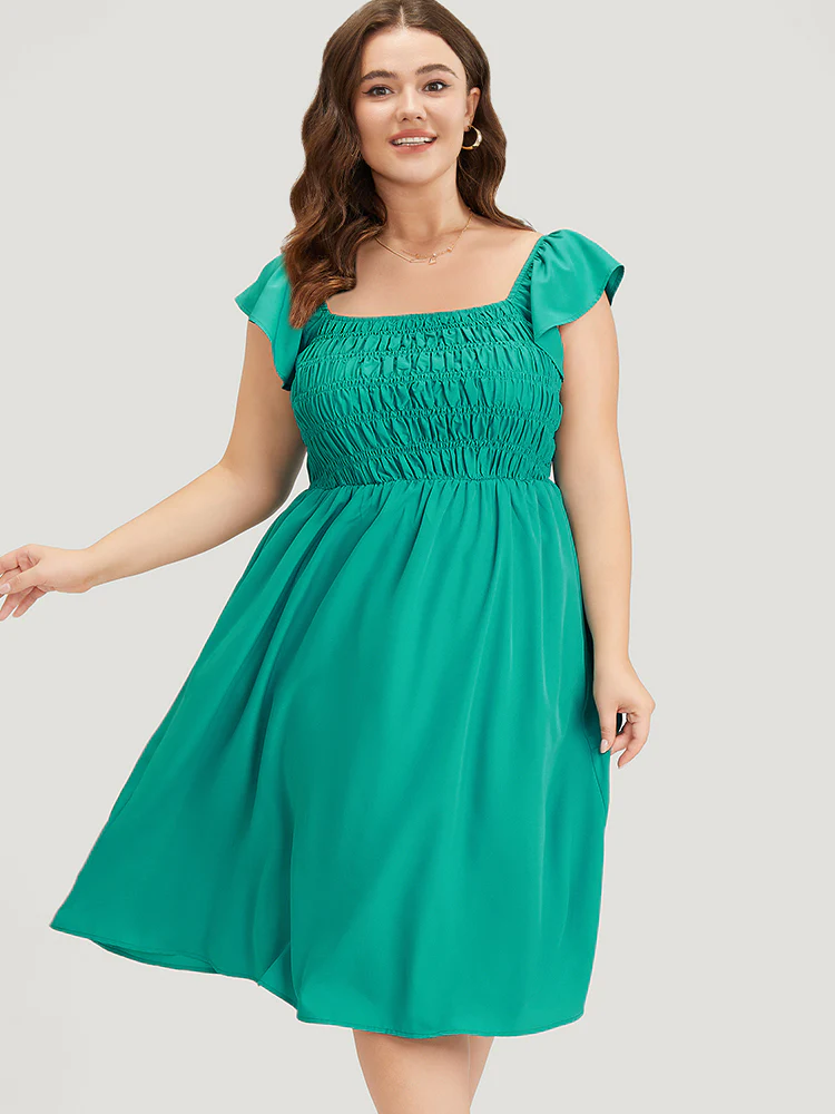 Plain Shirred Square Neck Pocket Cap Sleeve Dress - Image 2