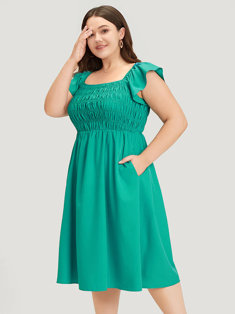 Plain Shirred Square Neck Pocket Cap Sleeve Dress - Image 3