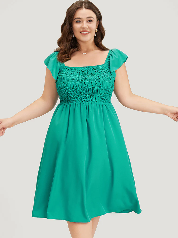 Plain Shirred Square Neck Pocket Cap Sleeve Dress - Image 4