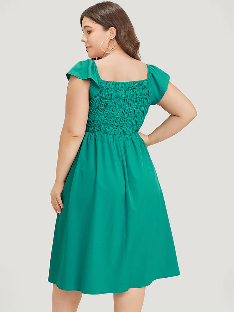 Plain Shirred Square Neck Pocket Cap Sleeve Dress - Image 5
