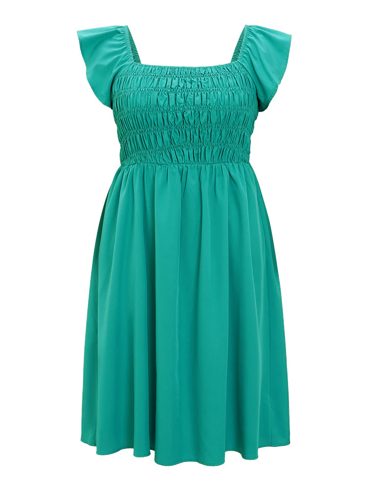 Plain Shirred Square Neck Pocket Cap Sleeve Dress - Image 8