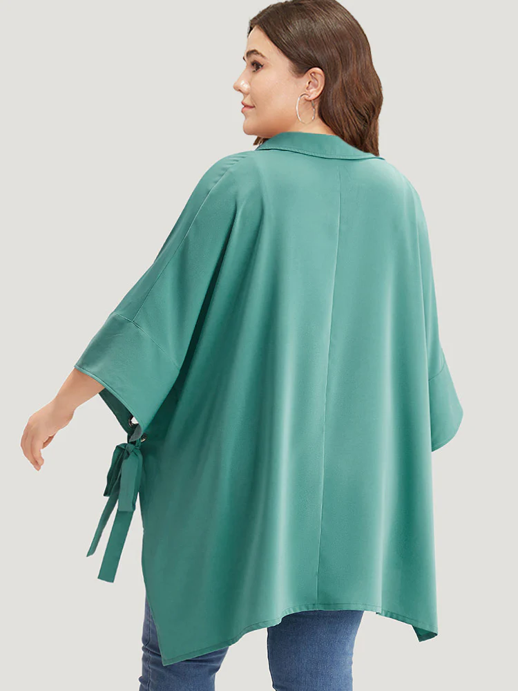 Plain Shirt Collar Asymmetrical Hem Bowknot Kimono - Image 2