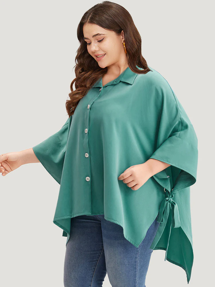 Plain Shirt Collar Asymmetrical Hem Bowknot Kimono - Image 3
