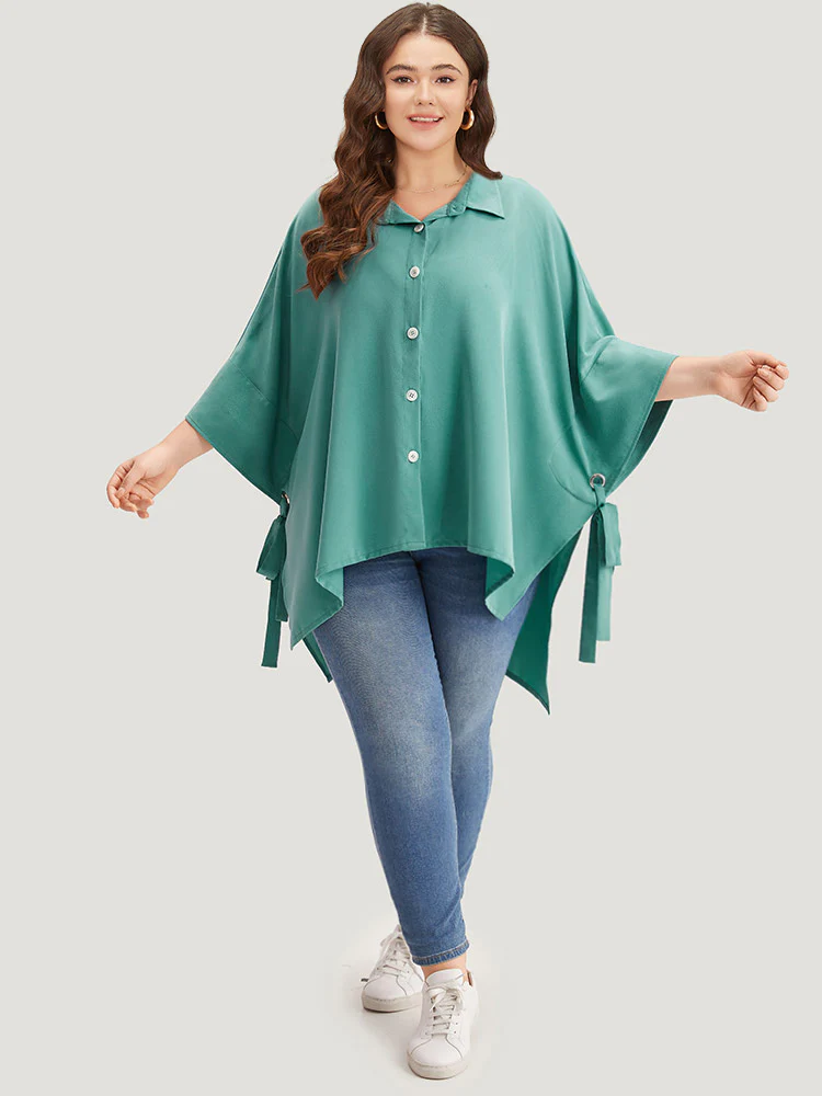 Plain Shirt Collar Asymmetrical Hem Bowknot Kimono - Image 4