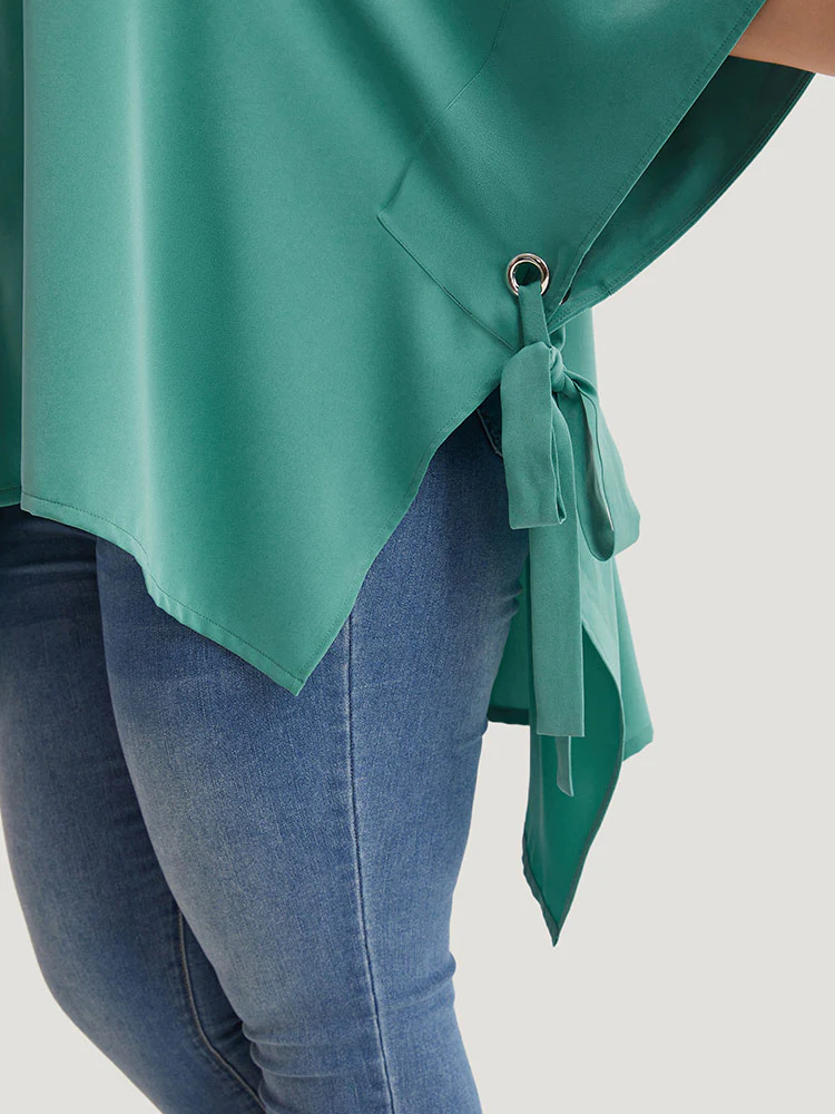 Plain Shirt Collar Asymmetrical Hem Bowknot Kimono - Image 6