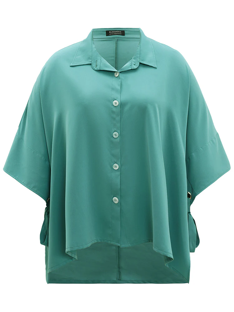 Plain Shirt Collar Asymmetrical Hem Bowknot Kimono - Image 7