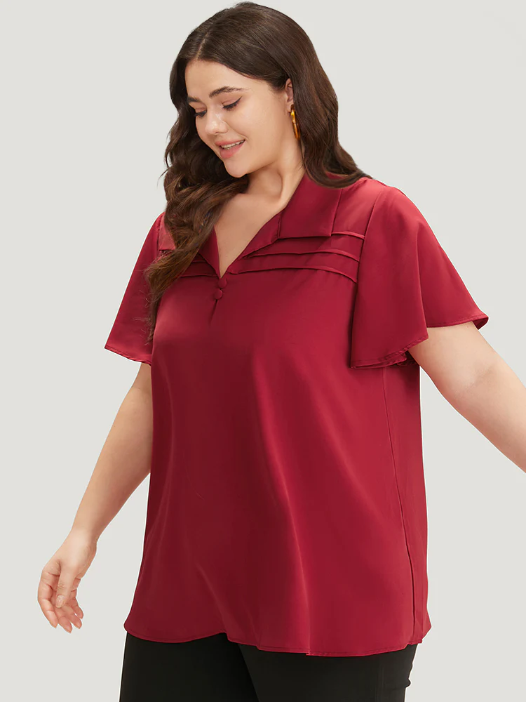 Plain Shirt Collar Button Detail Pleated Blouse - Image 2