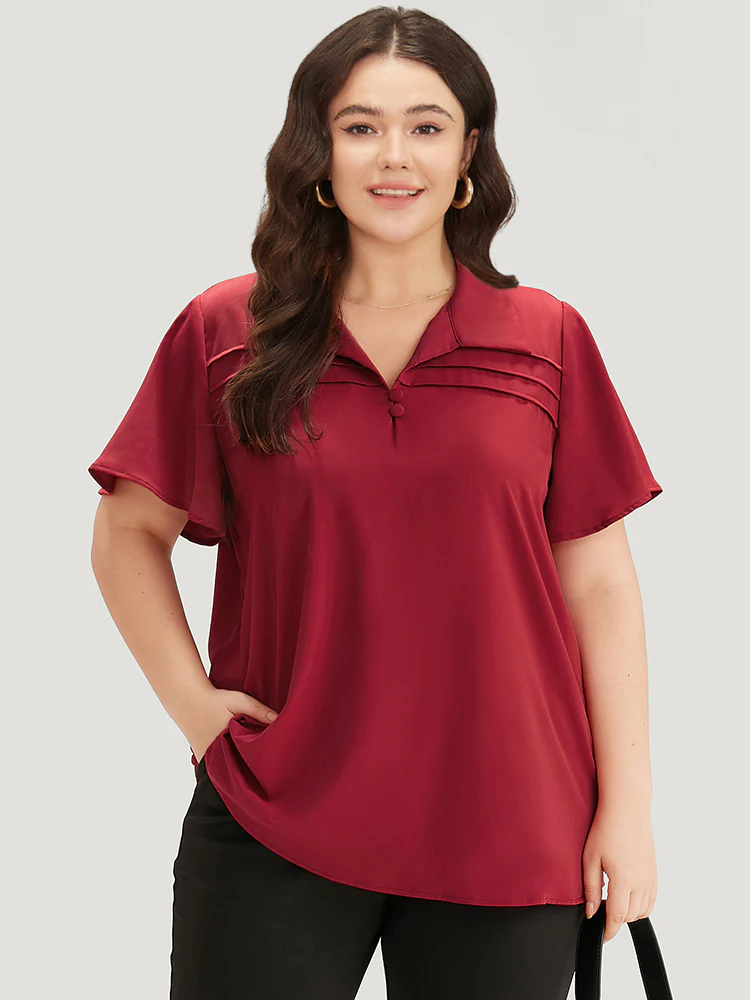 Plain Shirt Collar Button Detail Pleated Blouse - Image 3