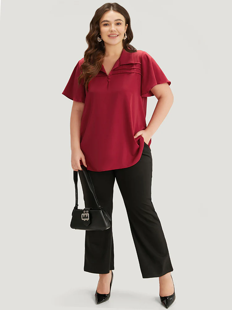 Plain Shirt Collar Button Detail Pleated Blouse - Image 4