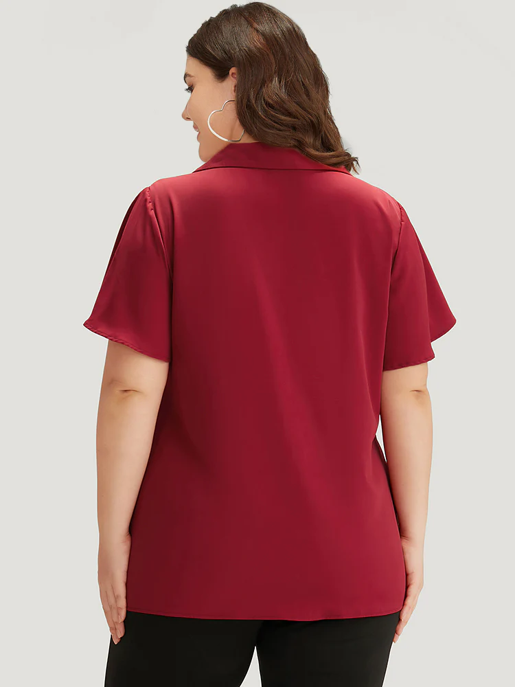 Plain Shirt Collar Button Detail Pleated Blouse - Image 5