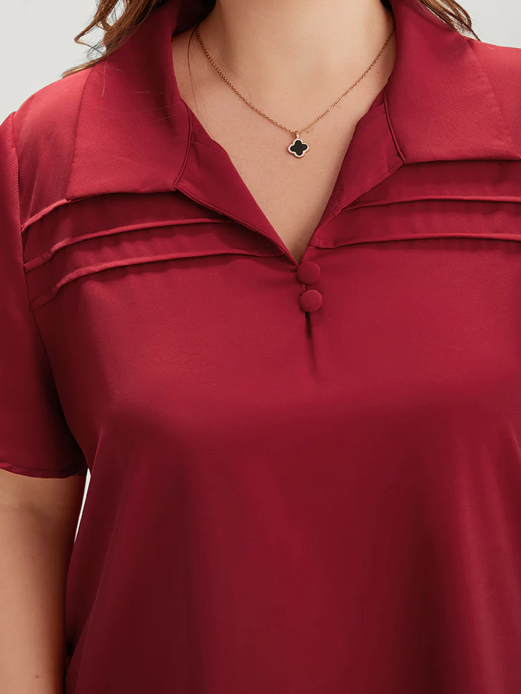 Plain Shirt Collar Button Detail Pleated Blouse - Image 6