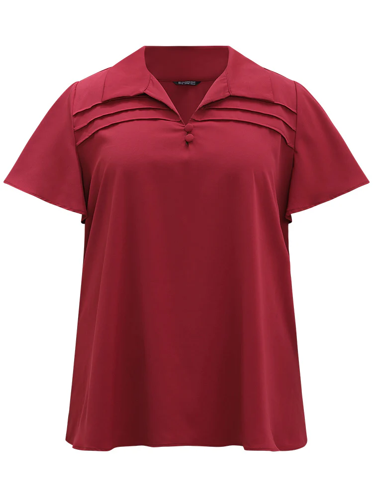 Plain Shirt Collar Button Detail Pleated Blouse - Image 7