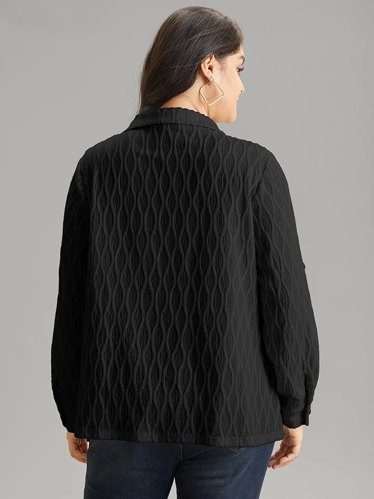 Plain Shirt Collar Tab Sleeve Jacquard Blouse - Image 2