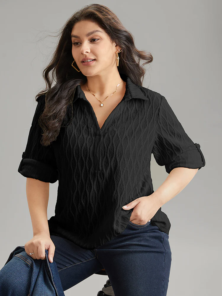 Plain Shirt Collar Tab Sleeve Jacquard Blouse - Image 3