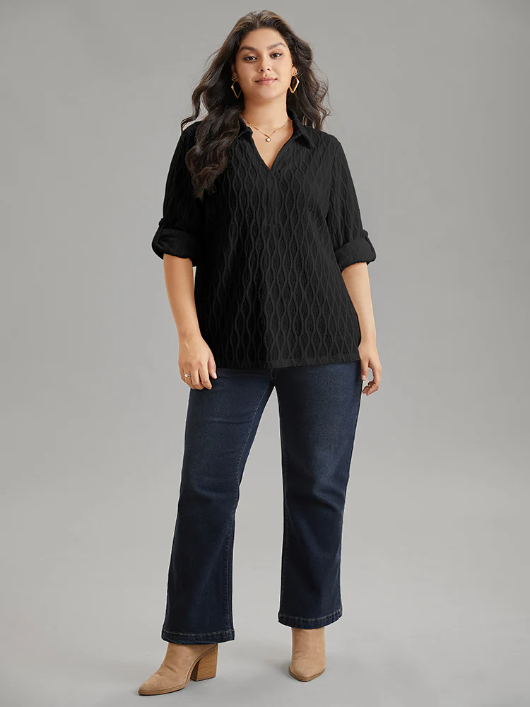 Plain Shirt Collar Tab Sleeve Jacquard Blouse - Image 4