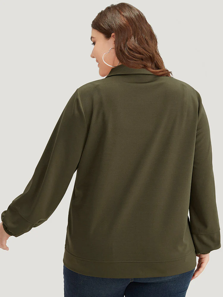 Plain Slant Pocket Button Up Elastic Cuffs Jacket - Image 2