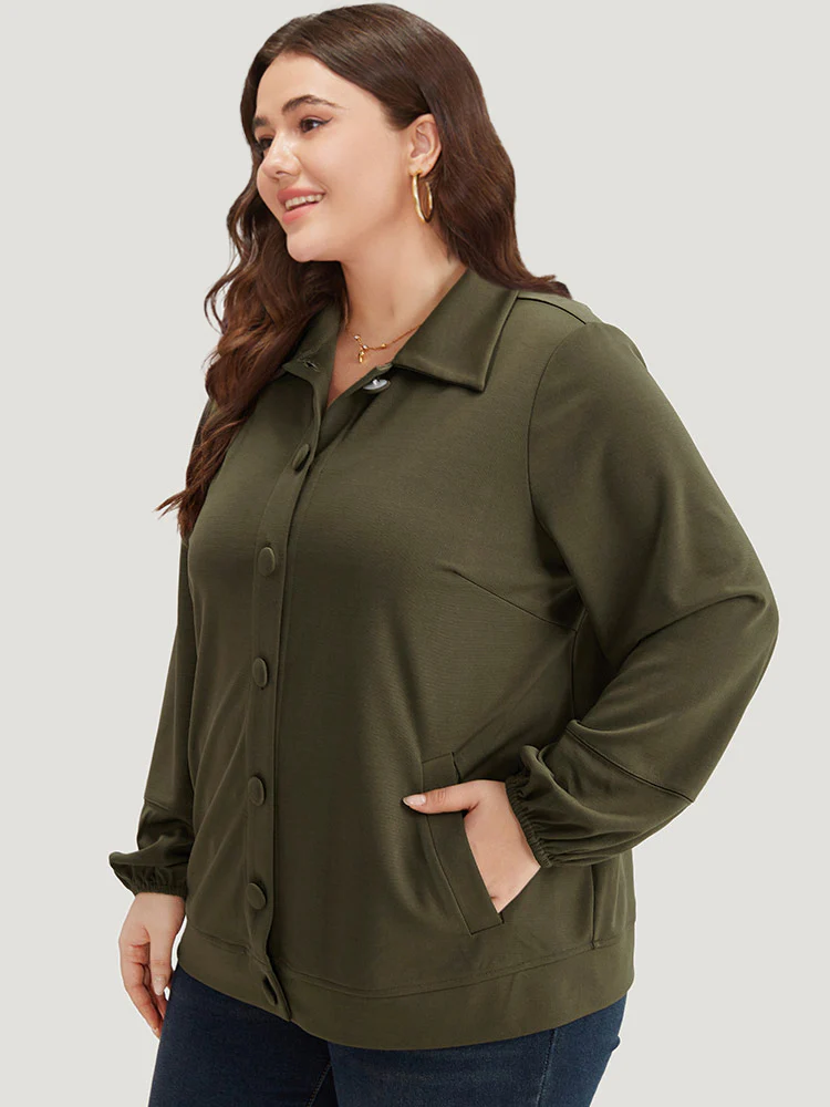 Plain Slant Pocket Button Up Elastic Cuffs Jacket - Image 3