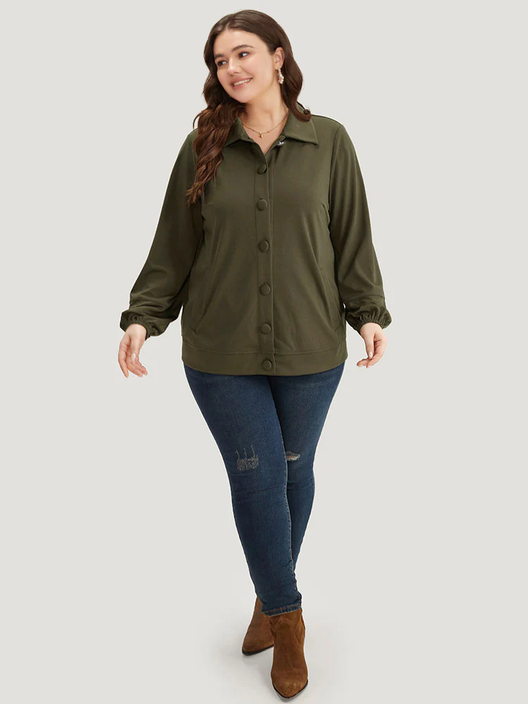 Plain Slant Pocket Button Up Elastic Cuffs Jacket - Image 4
