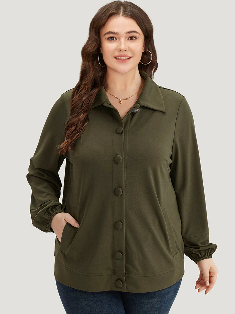 Plain Slant Pocket Button Up Elastic Cuffs Jacket - Image 5