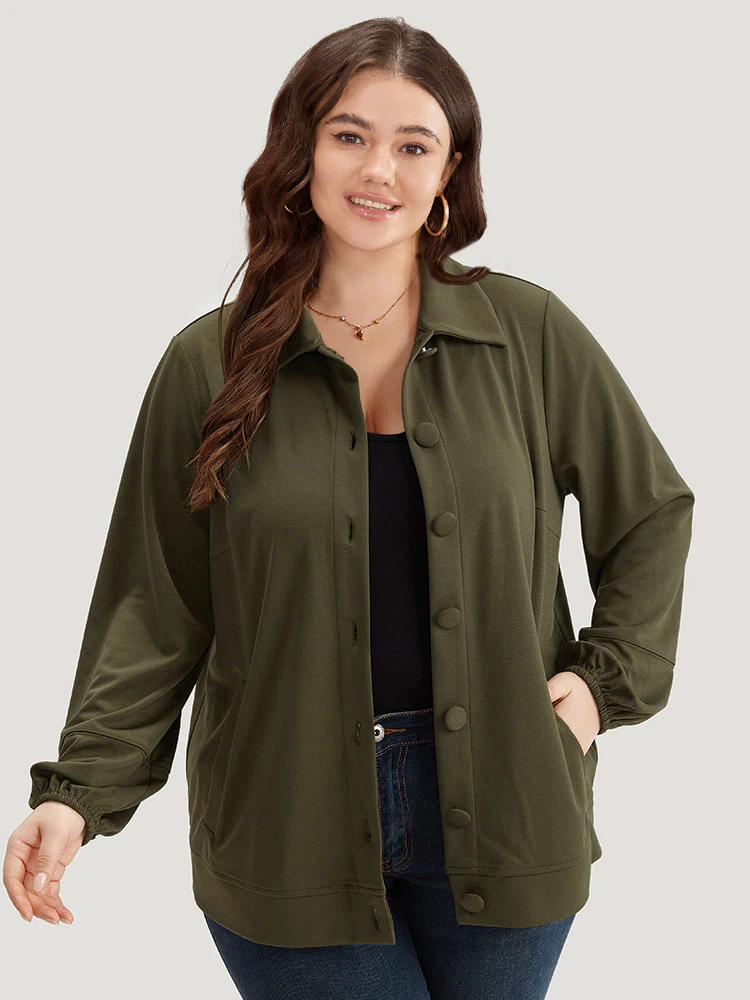 Plain Slant Pocket Button Up Elastic Cuffs Jacket - Image 6