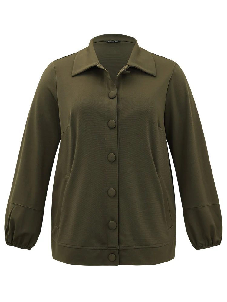 Plain Slant Pocket Button Up Elastic Cuffs Jacket - Image 7