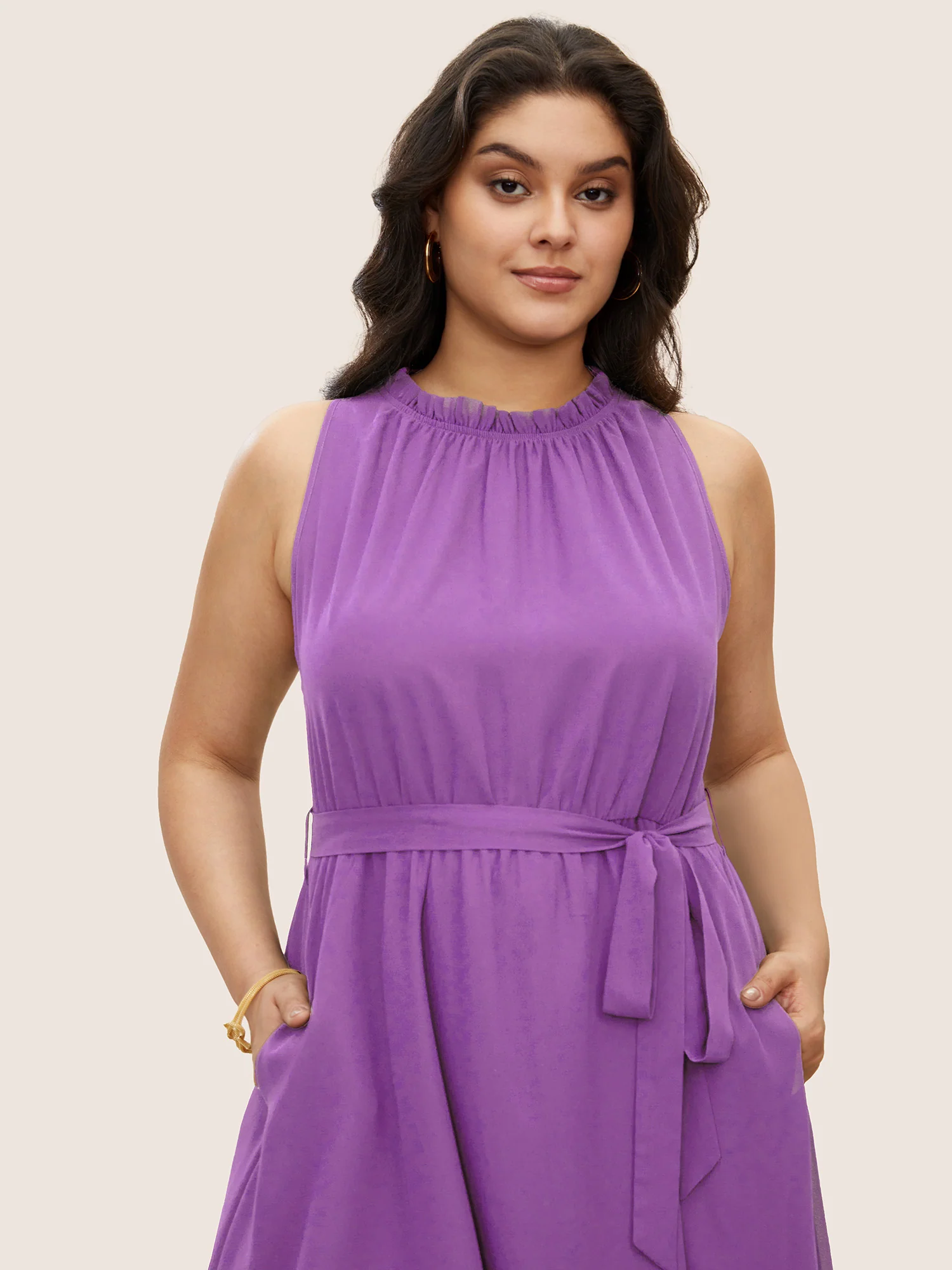 Plain Sleeveless Frill Trim Pocket Belted Mock Neck Dress - Image 11