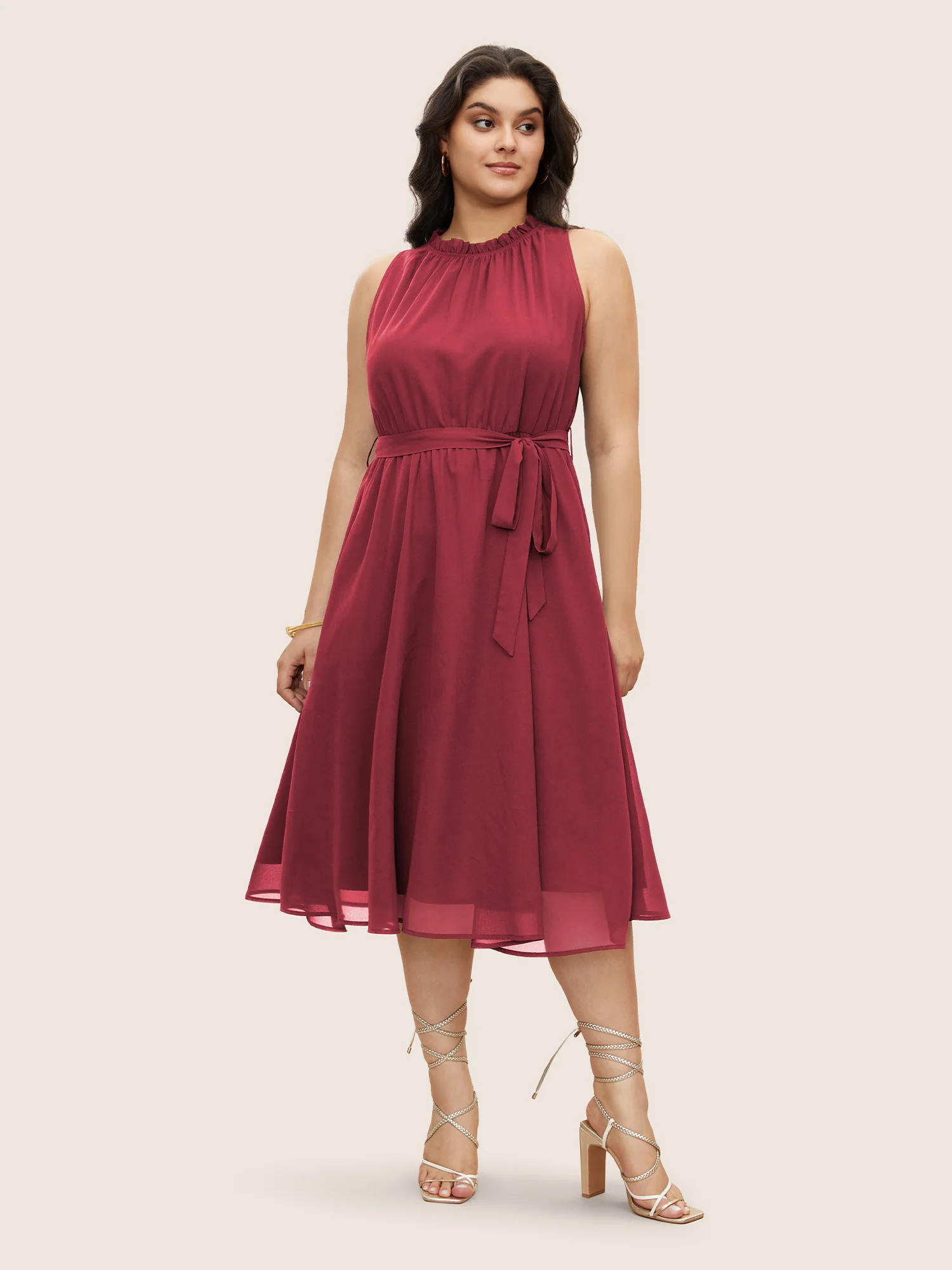 Plain Sleeveless Frill Trim Pocket Belted Mock Neck Dress - Image 12