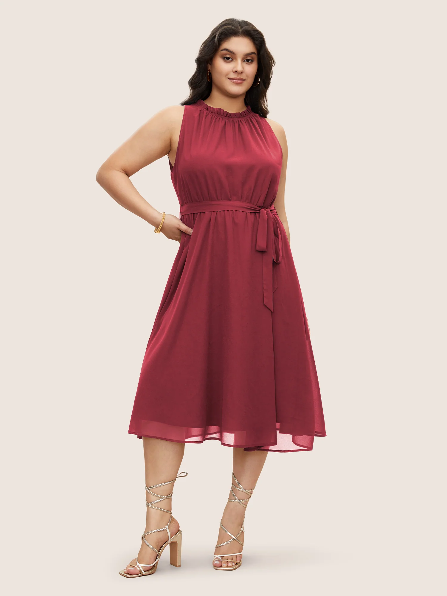 Plain Sleeveless Frill Trim Pocket Belted Mock Neck Dress - Image 13