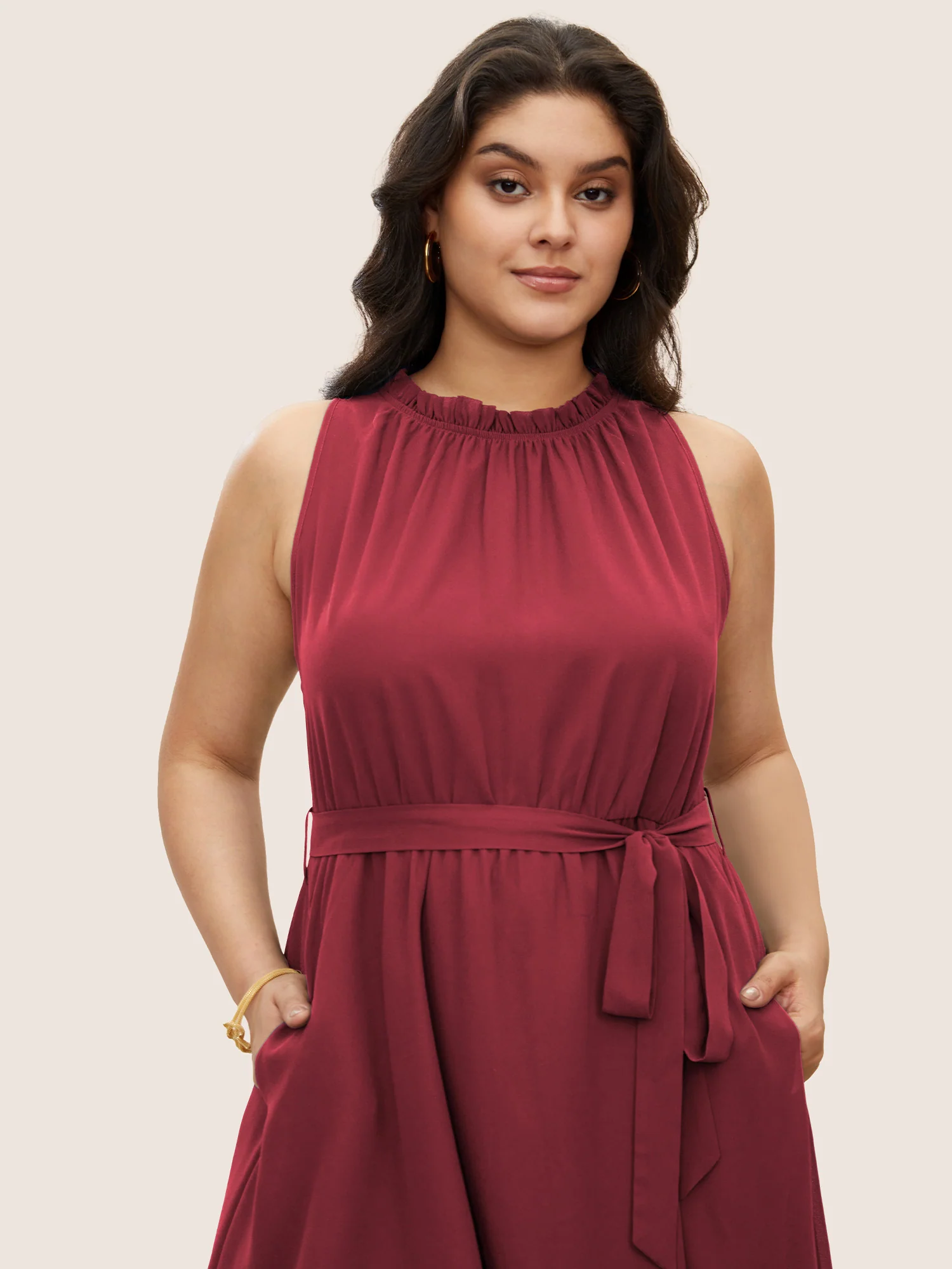 Plain Sleeveless Frill Trim Pocket Belted Mock Neck Dress - Image 14
