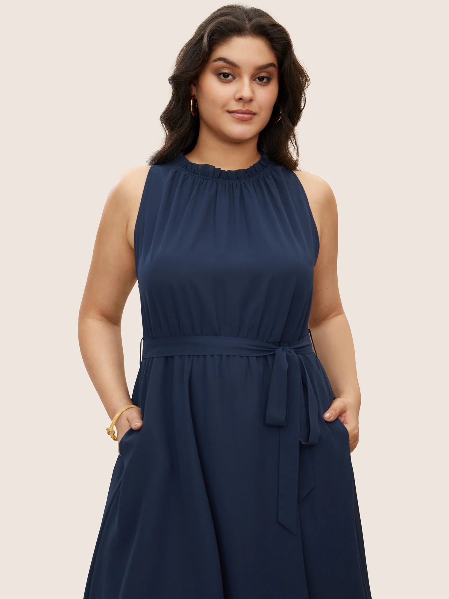 Plain Sleeveless Frill Trim Pocket Belted Mock Neck Dress - Image 2